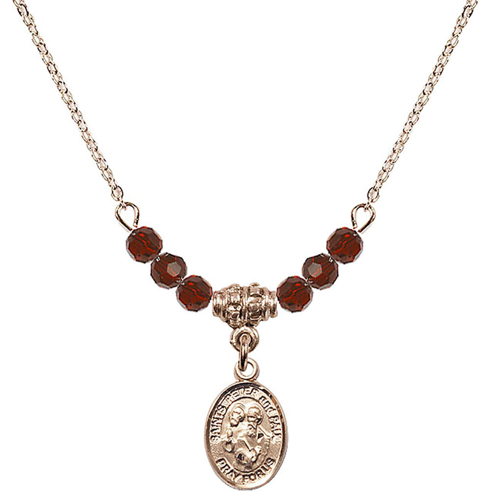 14kt Gold Filled Saints Peter & Paul Birthstone Necklace with Garnet Beads - 9410