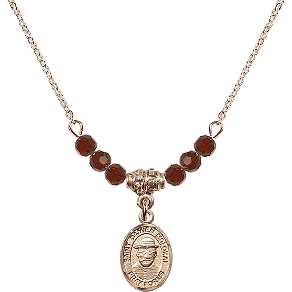 14kt Gold Filled Saint Damien of Molokai Birthstone Necklace with Garnet Beads - 9412
