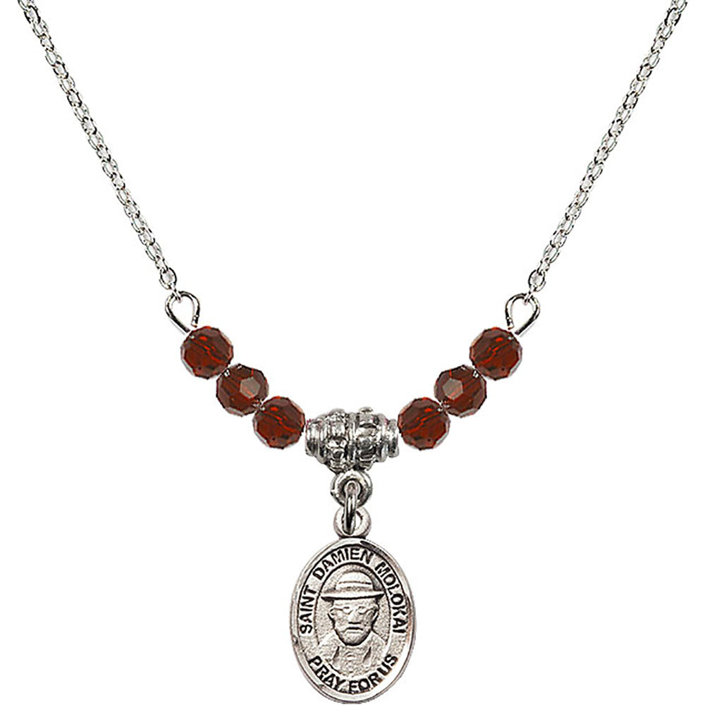 Sterling Silver Saint Damien of Molokai Birthstone Necklace with Garnet Beads - 9412