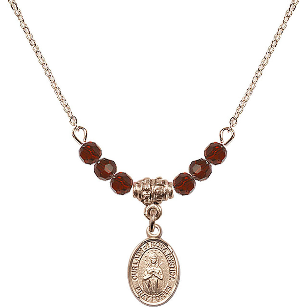 14kt Gold Filled Our Lady of Rosa Mystica Birthstone Necklace with Garnet Beads - 9413