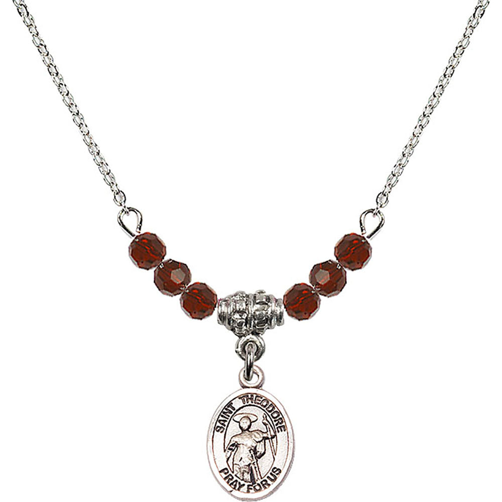 Sterling Silver Saint Theodore Stratelates Birthstone Necklace with Garnet Beads - 9415