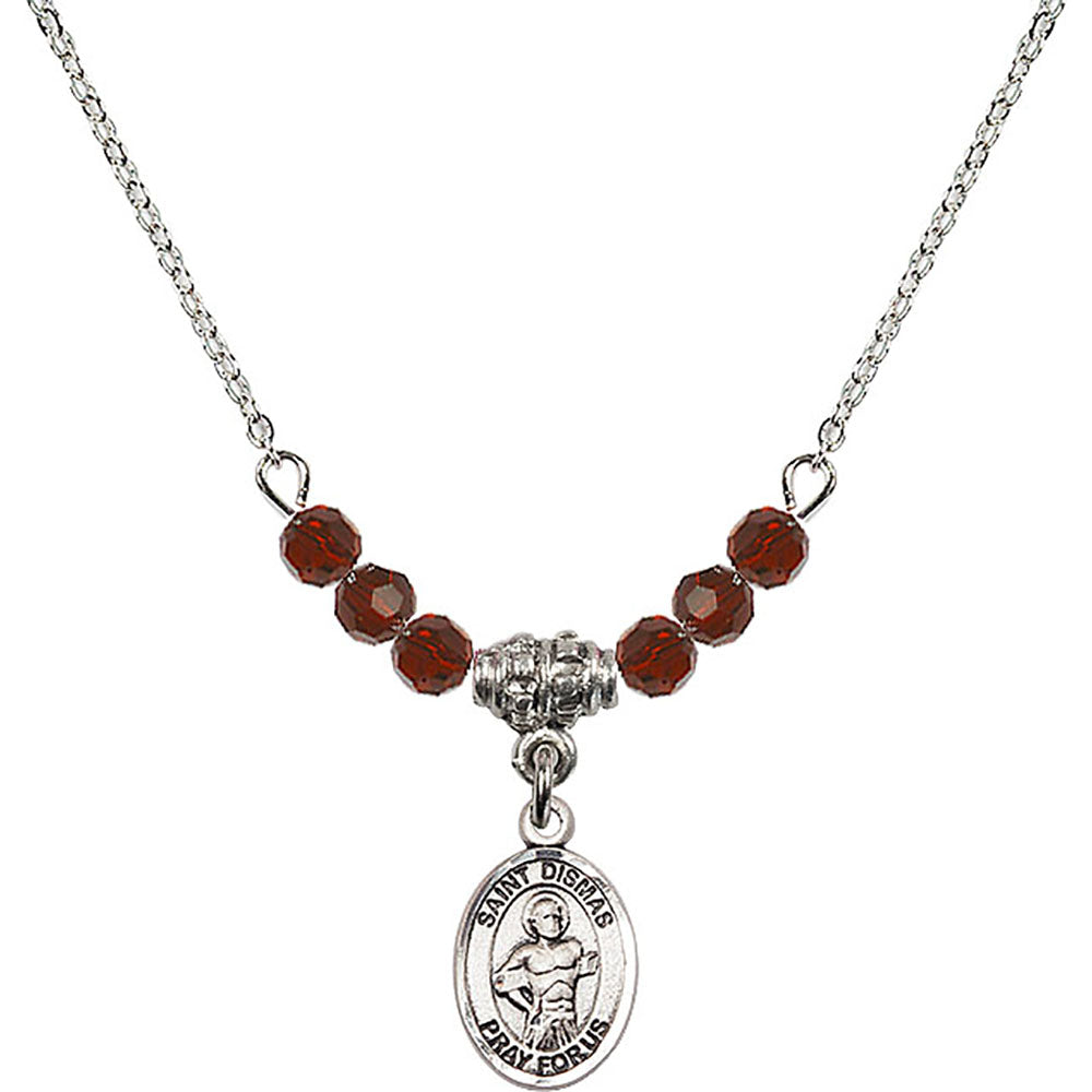 Sterling Silver Saint Dismas Birthstone Necklace with Garnet Beads - 9418