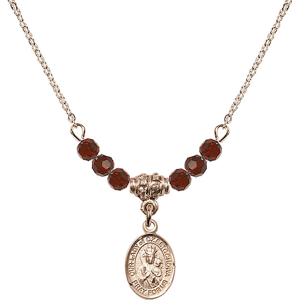 14kt Gold Filled Our Lady of Czestochowa Birthstone Necklace with Garnet Beads - 9421