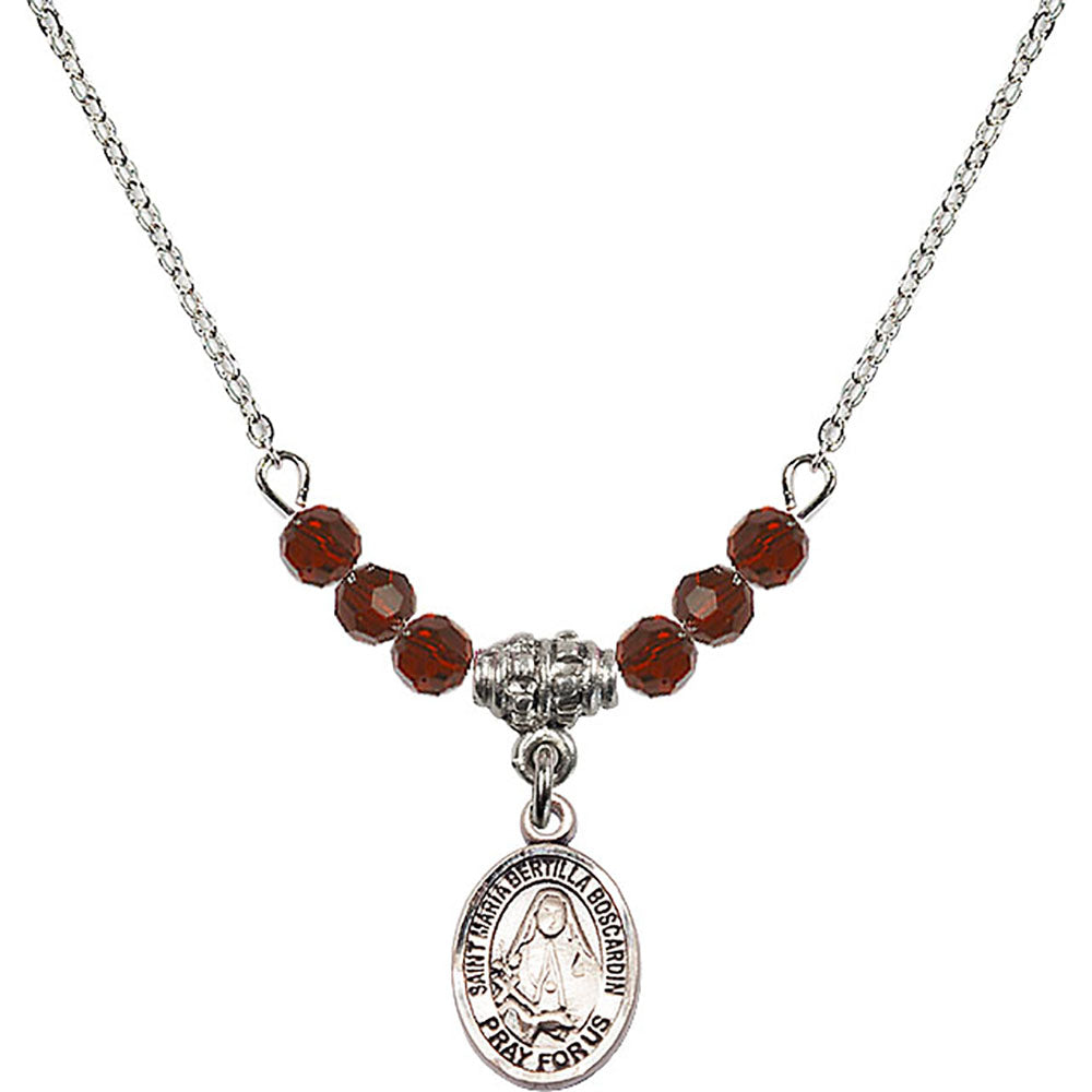 Sterling Silver Saint Maria Bertilla Boscardin Birthstone Necklace with Garnet Beads - 9428