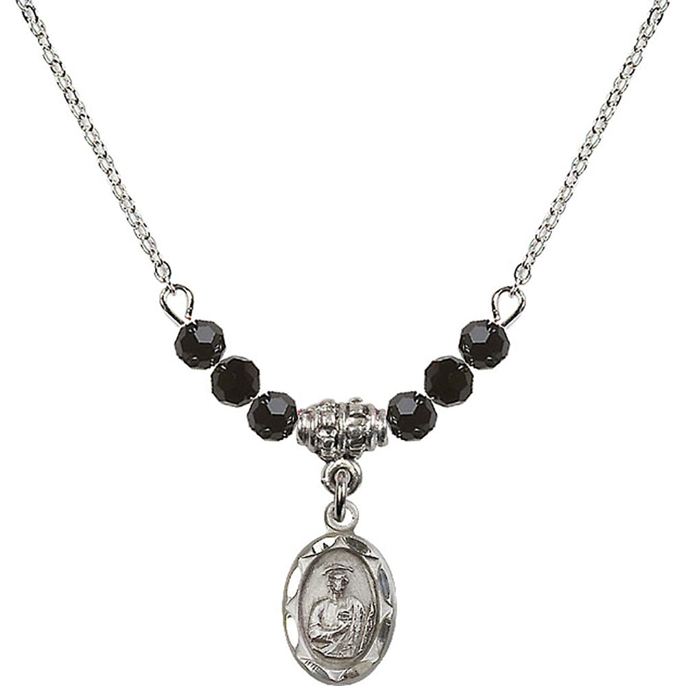 Sterling Silver Saint Jude Birthstone Necklace with Jet Beads - 0301