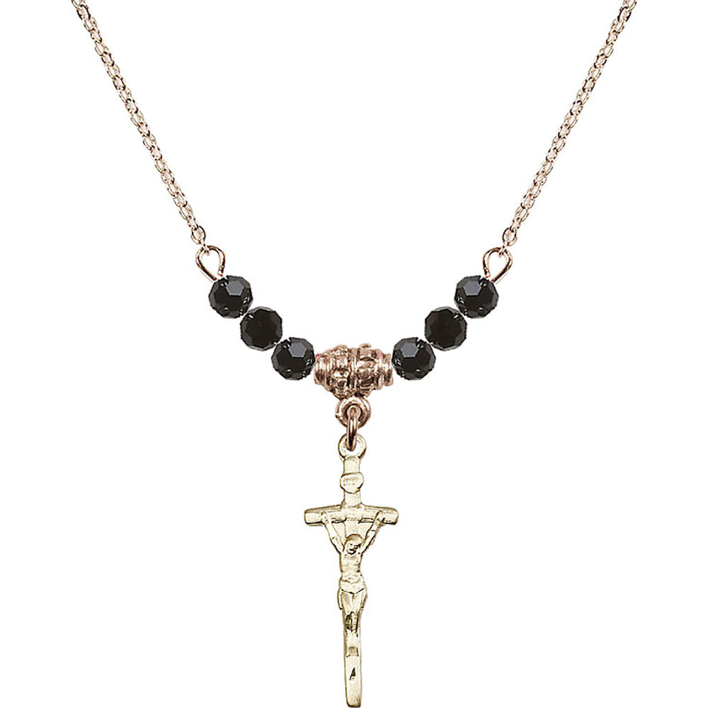 14kt Gold Filled Papal Crucifix Birthstone Necklace with Jet Beads - 0563