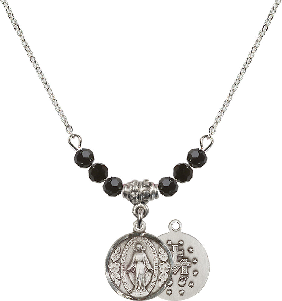 Sterling Silver Miraculous Birthstone Necklace with Jet Beads - 0601