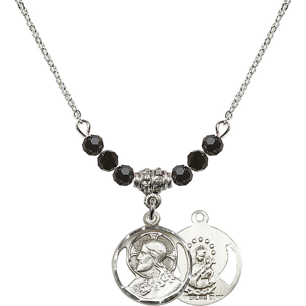 Sterling Silver Scapular Birthstone Necklace with Jet Beads - 0611