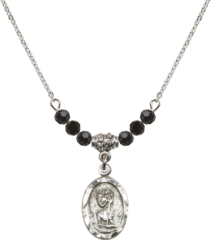 Sterling Silver Saint Christopher Birthstone Necklace with Jet Beads - 0612
