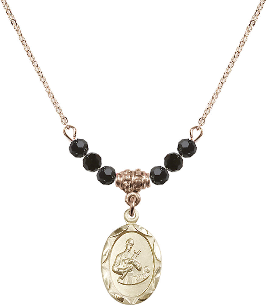 14kt Gold Filled Saint Gerard Birthstone Necklace with Jet Beads - 0612