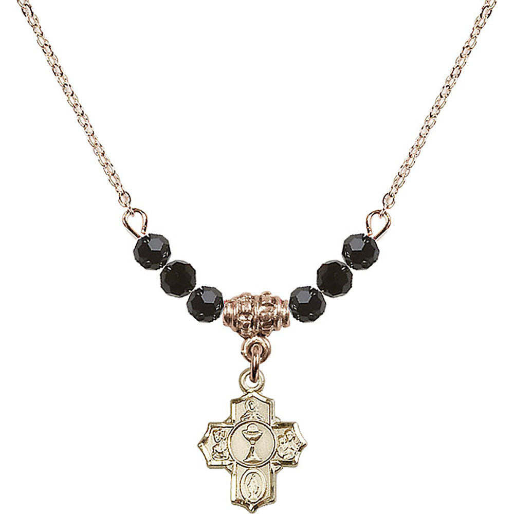14kt Gold Filled Communion 5-Way Birthstone Necklace with Jet Beads - 0890