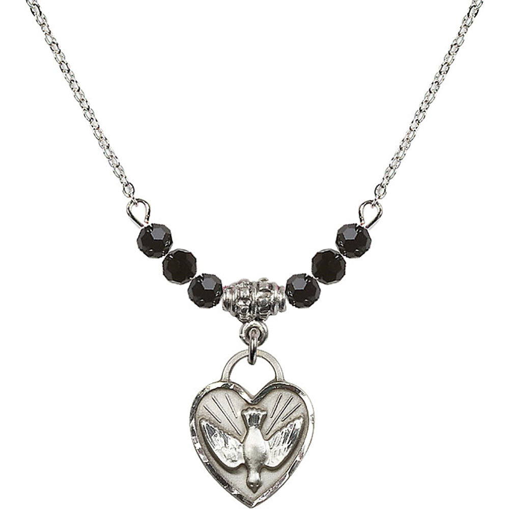 Sterling Silver Confirmation Heart Birthstone Necklace with Jet Beads - 3405