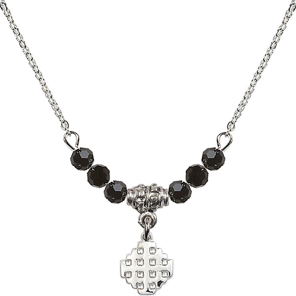 Sterling Silver Jerusalem Cross Birthstone Necklace with Jet Beads - 4118