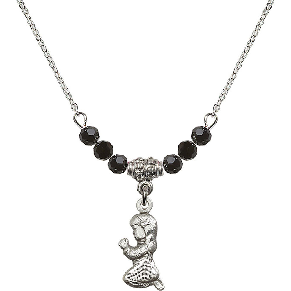 Sterling Silver Praying Girl Birthstone Necklace with Jet Beads - 4262