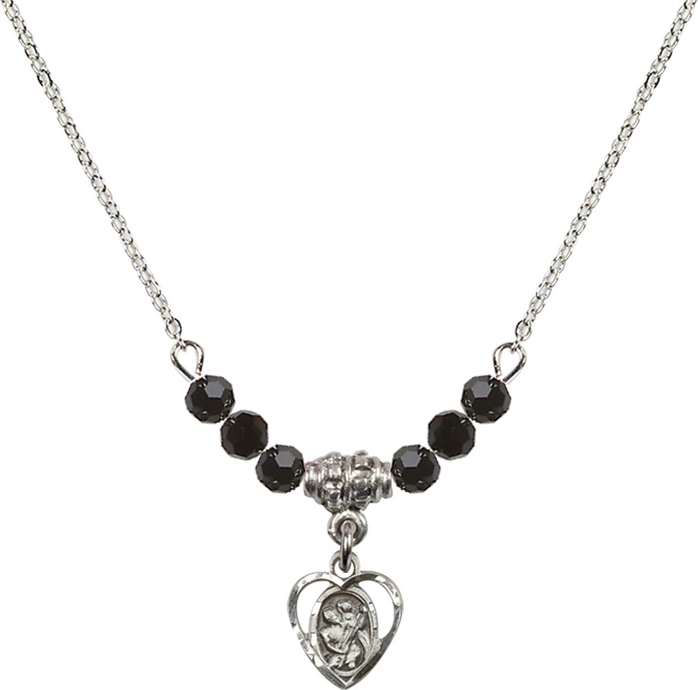 Sterling Silver Saint Christopher Birthstone Necklace with Jet Beads - 5403