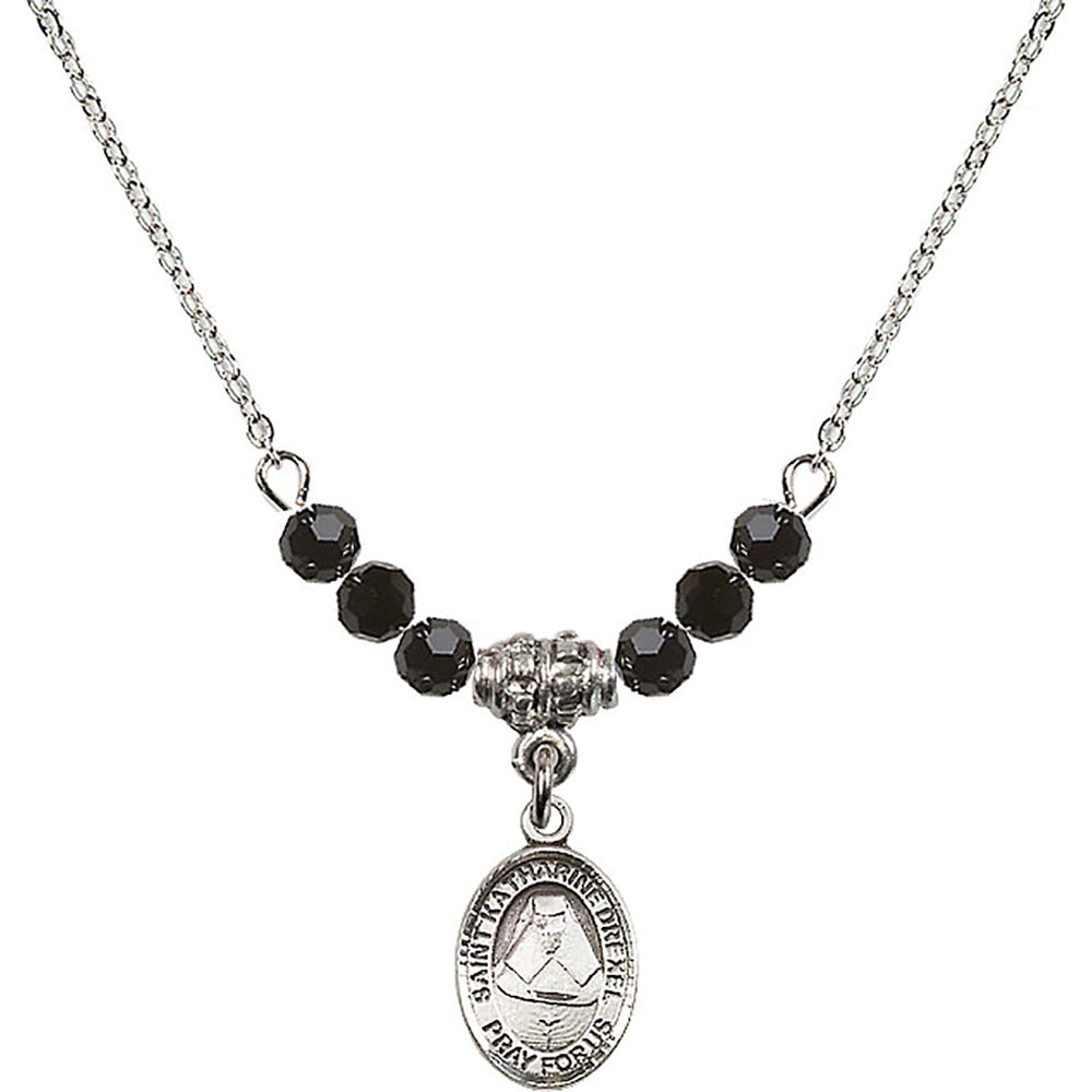 Sterling Silver Saint Katharine Drexel Birthstone Necklace with Jet Beads - 9015