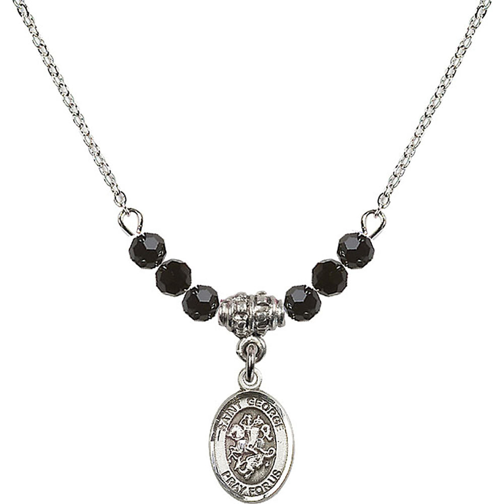 Sterling Silver Saint George Birthstone Necklace with Jet Beads - 9040