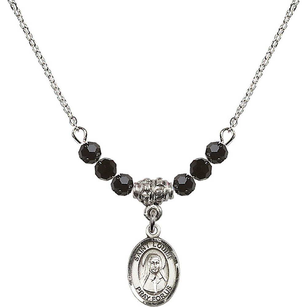 Sterling Silver Saint Louise de Marillac Birthstone Necklace with Jet Beads - 9064