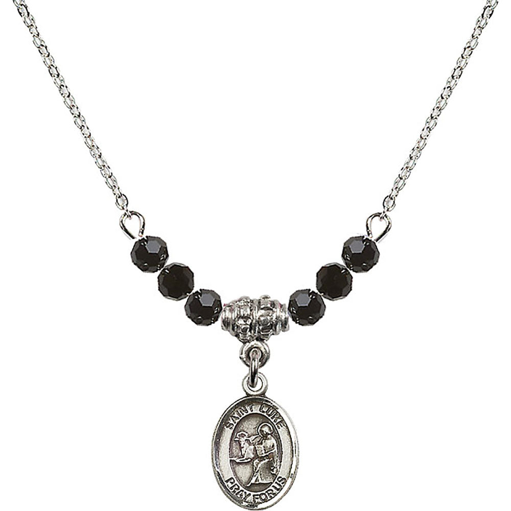 Sterling Silver Saint Luke the Apostle Birthstone Necklace with Jet Beads - 9068