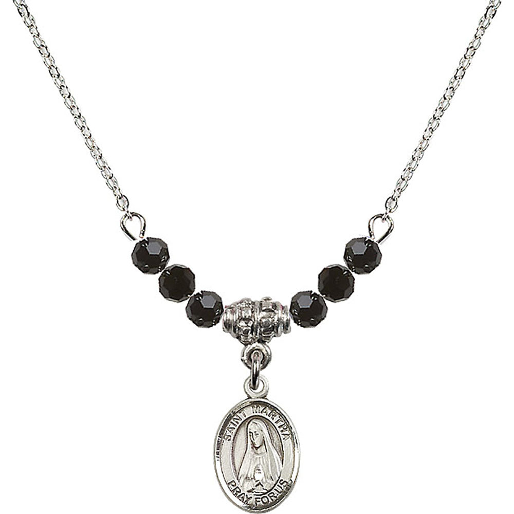Sterling Silver Saint Martha Birthstone Necklace with Jet Beads - 9075
