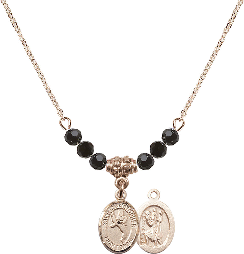 14kt Gold Filled Saint Christopher/Martial Arts Birthstone Necklace with Jet Beads - 9158