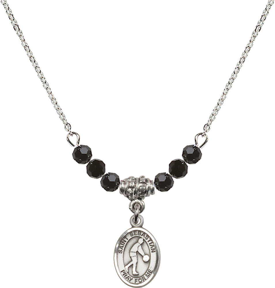 Sterling Silver Saint Sebastian/Basketball Birthstone Necklace with Jet Beads - 9163