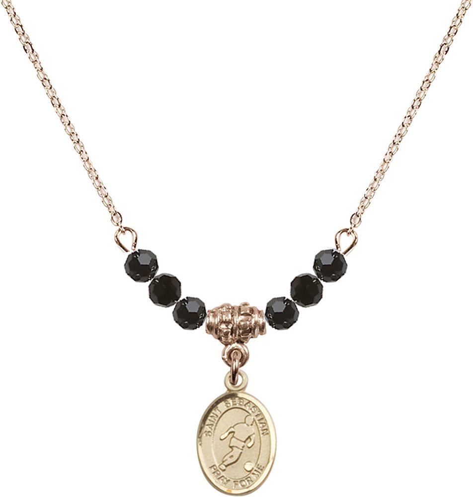 14kt Gold Filled Saint Sebastian/Soccer Birthstone Necklace with Jet Beads - 9164