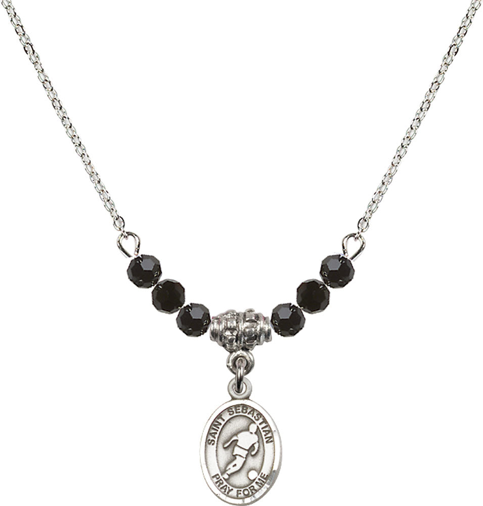 Sterling Silver Saint Sebastian/Soccer Birthstone Necklace with Jet Beads - 9164