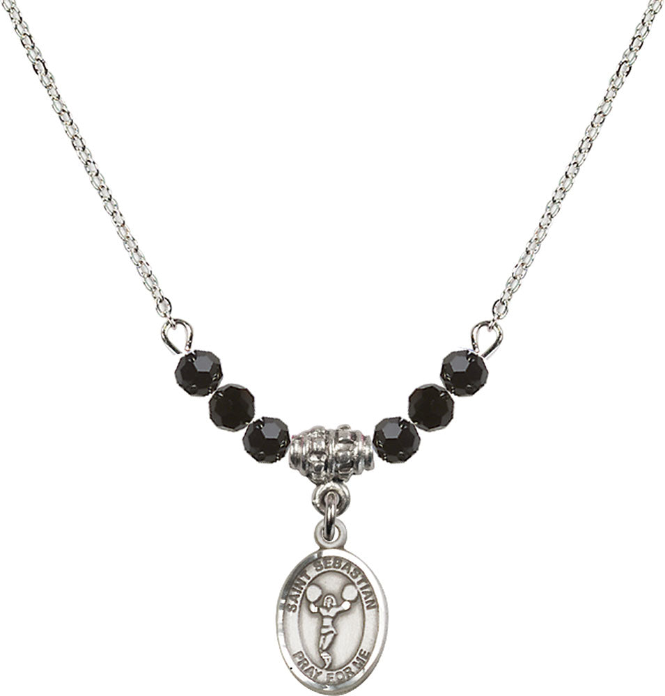 Sterling Silver Saint Sebastian/Cheerleading Birthstone Necklace with Jet Beads - 9170