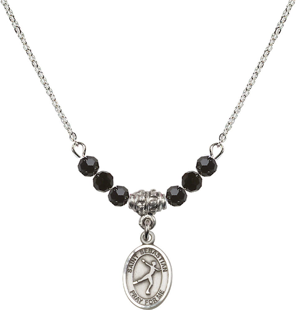 Sterling Silver Saint Sebastian/Figure Skating Birthstone Necklace with Jet Beads - 9177