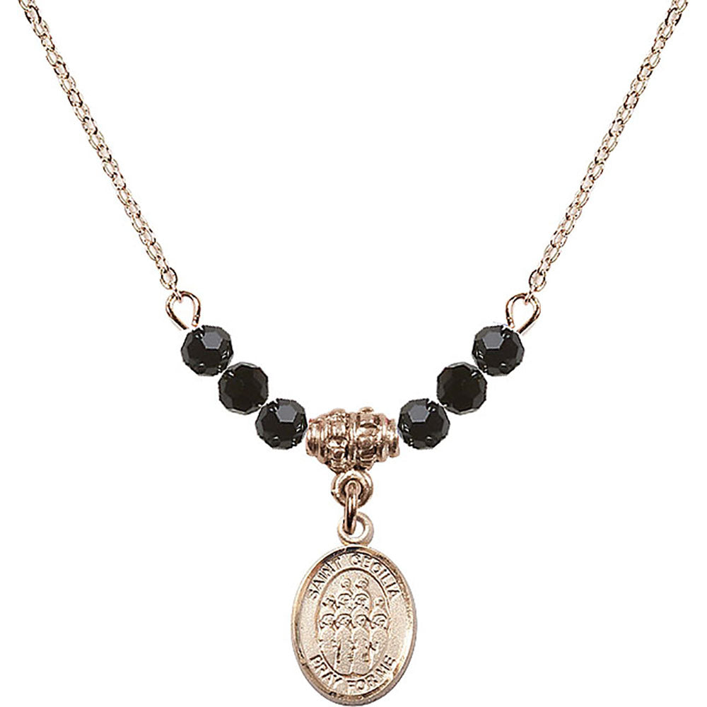 14kt Gold Filled Saint Cecilia / Choir Birthstone Necklace with Jet Beads - 9180