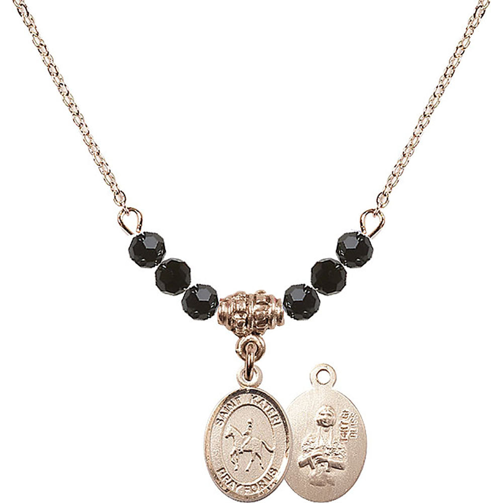 14kt Gold Filled Saint Kateri/Equestrian Birthstone Necklace with Jet Beads - 9182