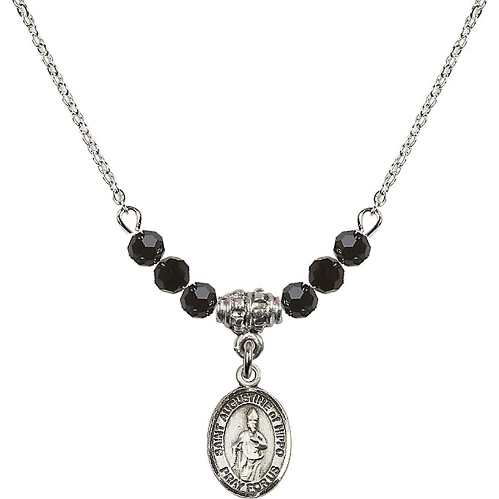 Sterling Silver Saint Augustine of Hippo Birthstone Necklace with Jet Beads - 9202