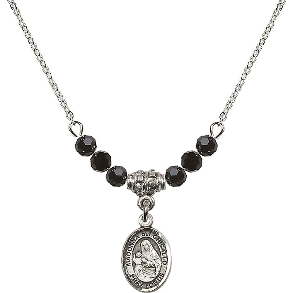 Sterling Silver Madonna del Ghisallo Birthstone Necklace with Jet Beads - 9203
