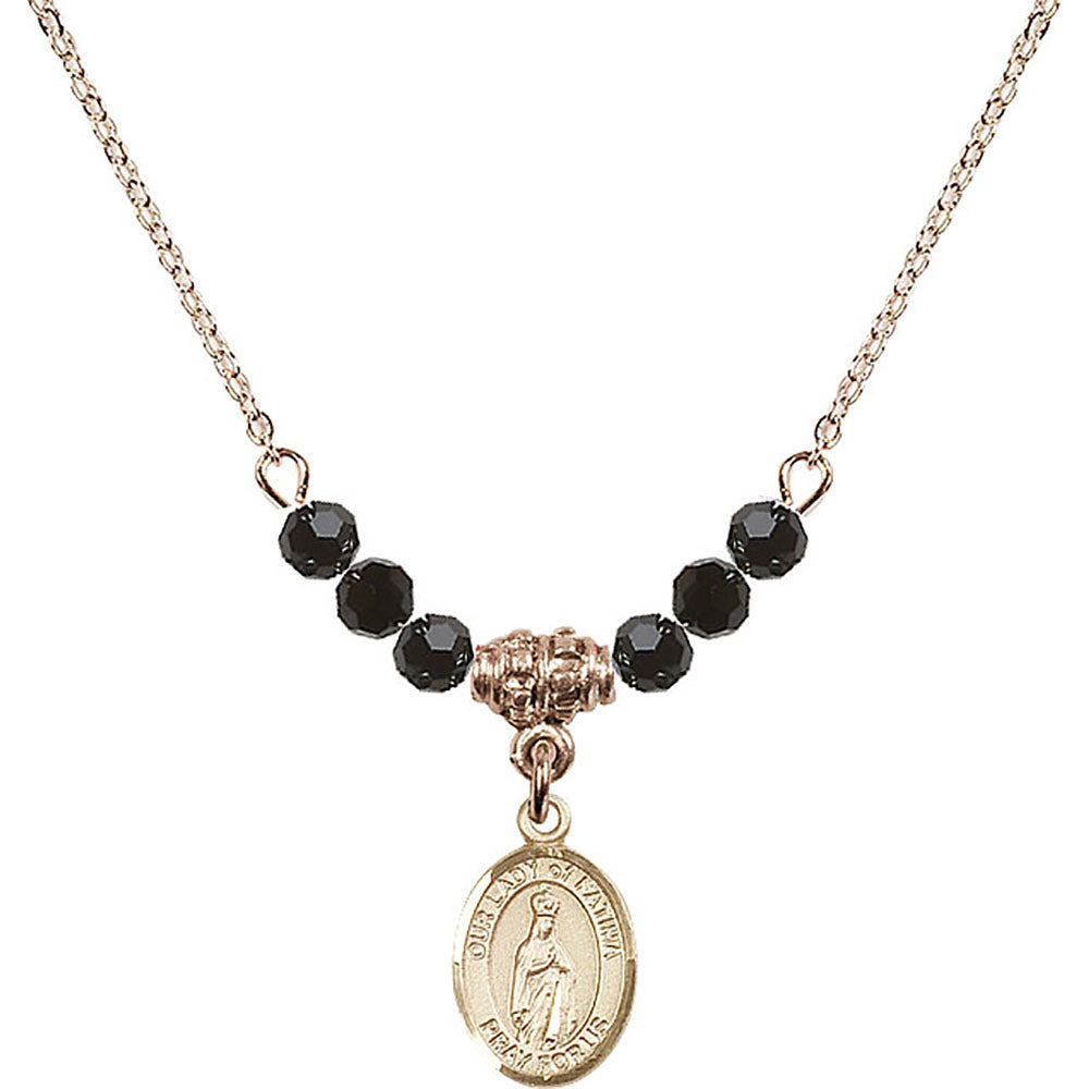 14kt Gold Filled Our Lady of Fatima Birthstone Necklace with Jet Beads - 9205