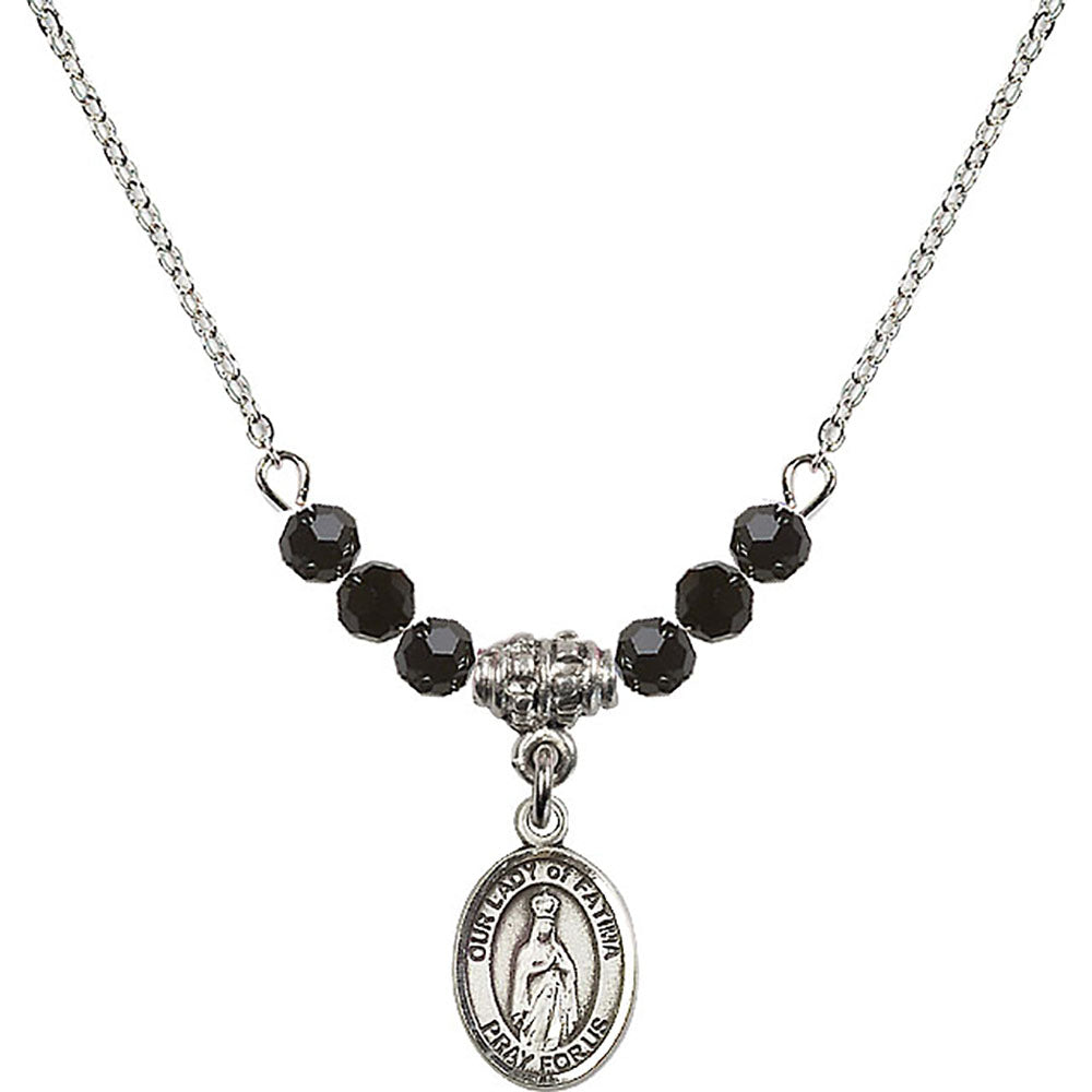 Sterling Silver Our Lady of Fatima Birthstone Necklace with Jet Beads - 9205