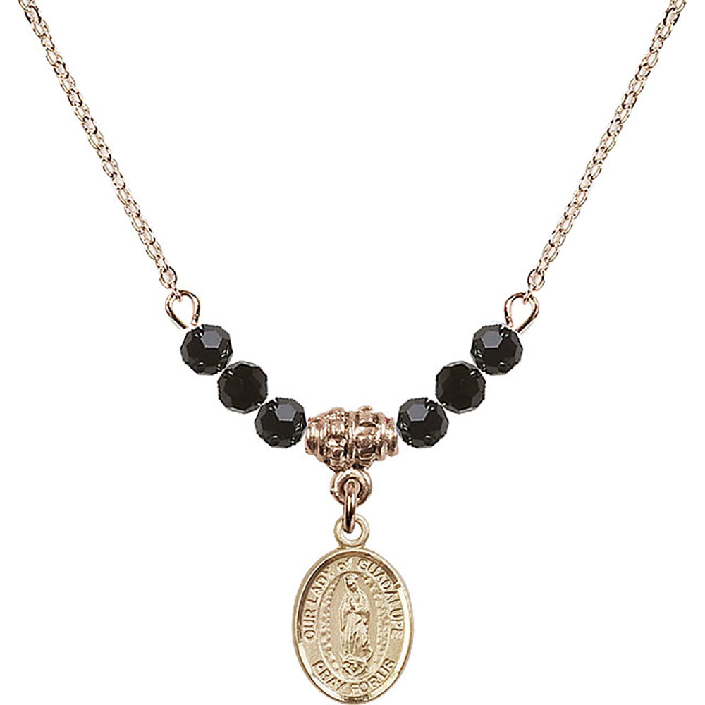 14kt Gold Filled Our Lady of Guadalupe Birthstone Necklace with Jet Beads - 9206