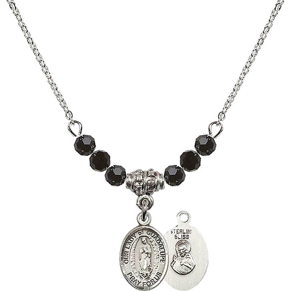 Sterling Silver Our Lady of Guadalupe Birthstone Necklace with Jet Beads - 9206