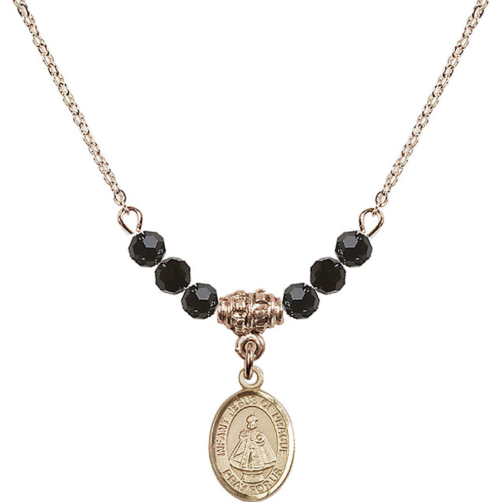 14kt Gold Filled Infant of Prague Birthstone Necklace with Jet Beads - 9207