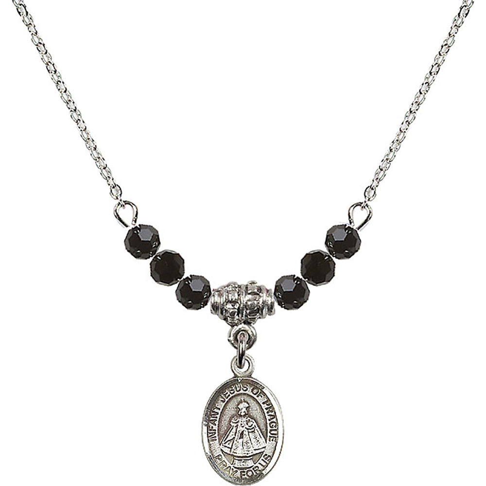 Sterling Silver Infant of Prague Birthstone Necklace with Jet Beads - 9207