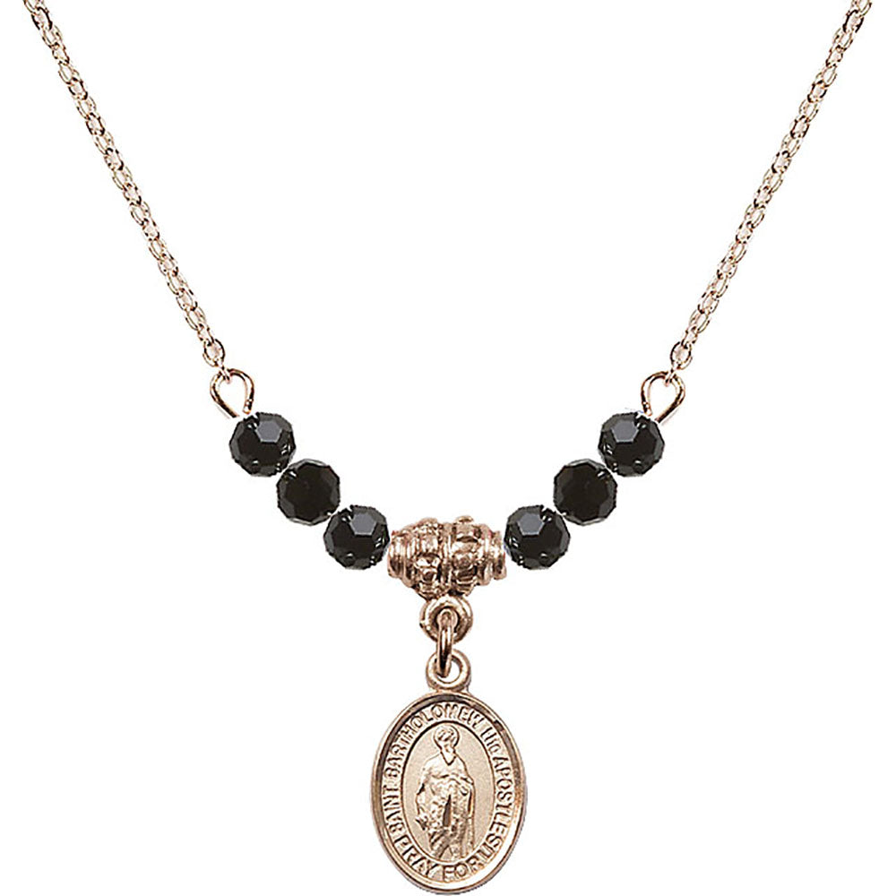 14kt Gold Filled Saint Bartholomew the Apostle Birthstone Necklace with Jet Beads - 9238