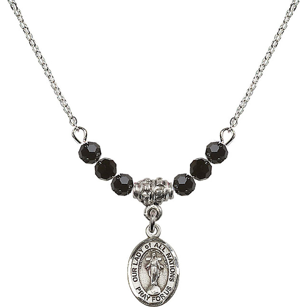 Sterling Silver Our Lady of All Nations Birthstone Necklace with Jet Beads - 9242