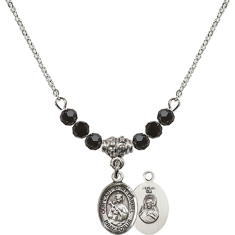 Sterling Silver Our Lady of Mount Carmel Birthstone Necklace with Jet Beads - 9243
