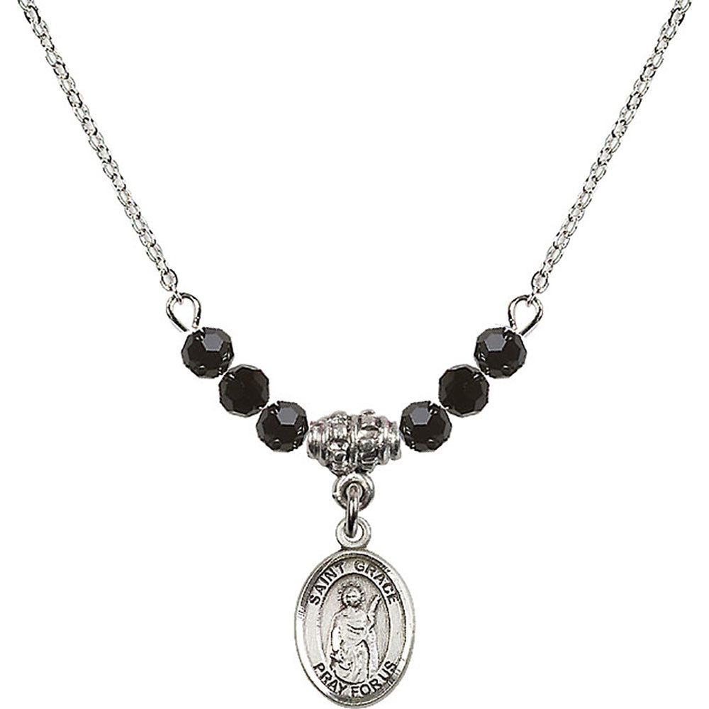Sterling Silver Saint Grace Birthstone Necklace with Jet Beads - 9255