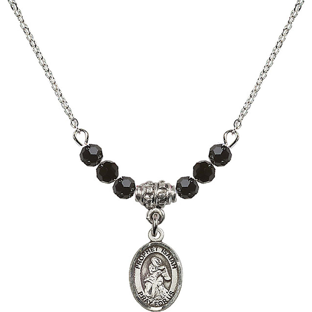 Sterling Silver Saint Isaiah Birthstone Necklace with Jet Beads - 9258