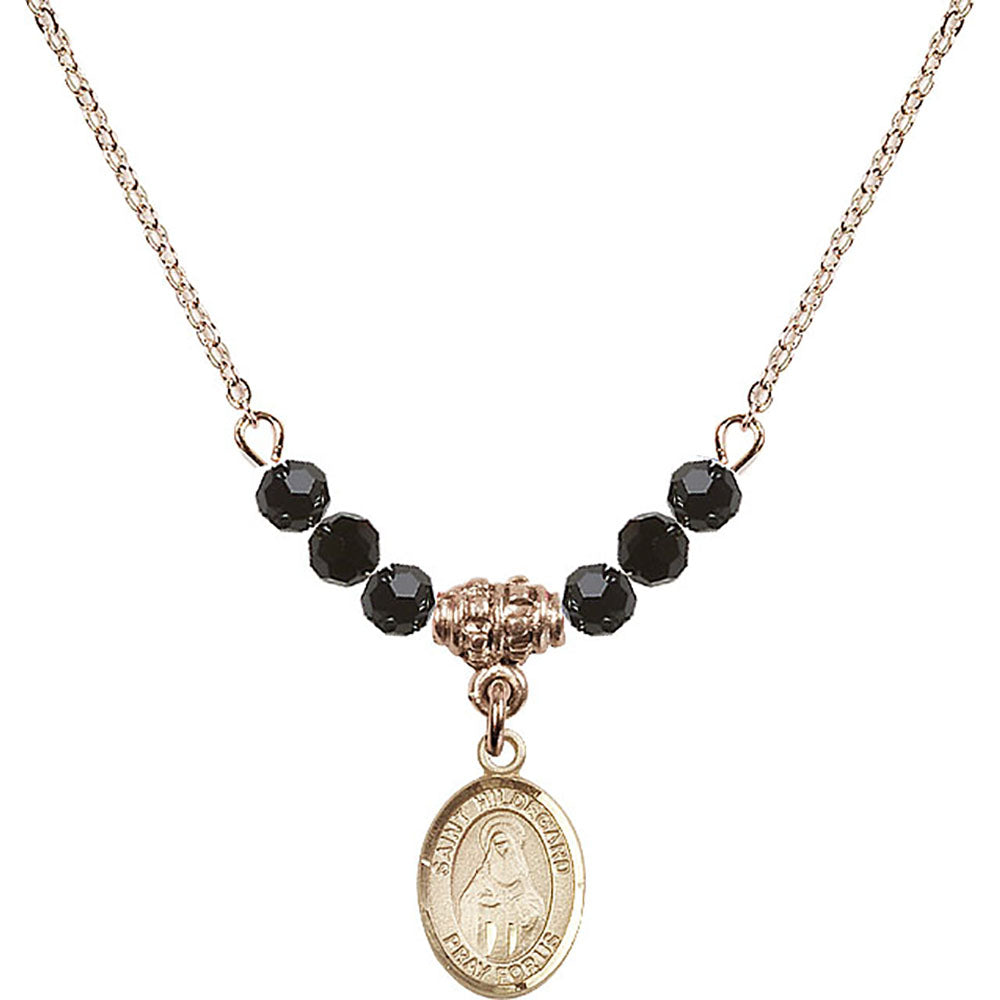 14kt Gold Filled Saint Hildegard von Bingen Birthstone Necklace with Jet Beads - 9260