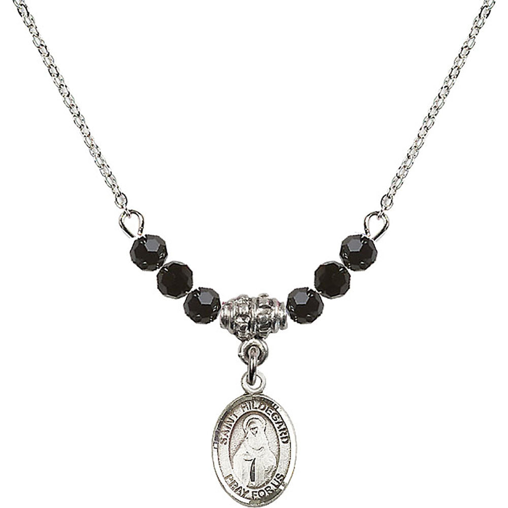Sterling Silver Saint Hildegard von Bingen Birthstone Necklace with Jet Beads - 9260