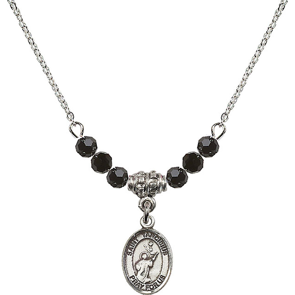 Sterling Silver Saint Tarcisius Birthstone Necklace with Jet Beads - 9261