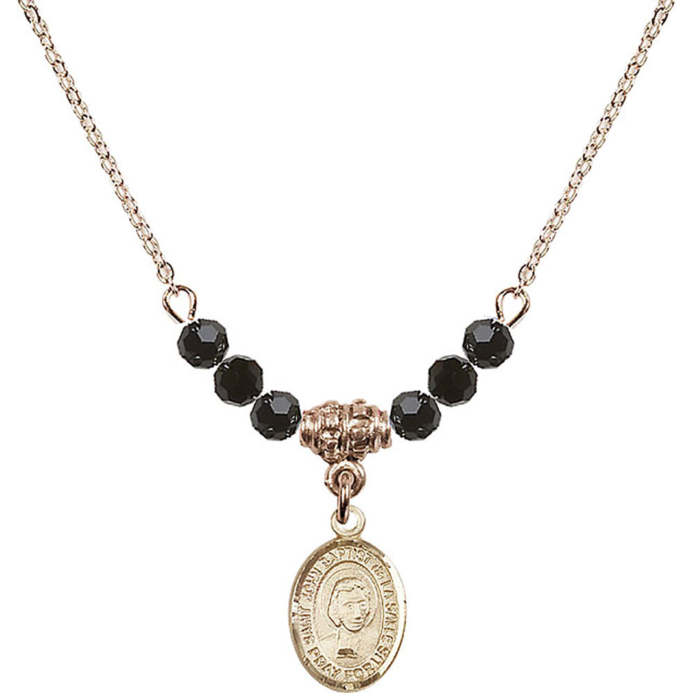 14kt Gold Filled Saint John Baptist de la Salle Birthstone Necklace with Jet Beads - 9262