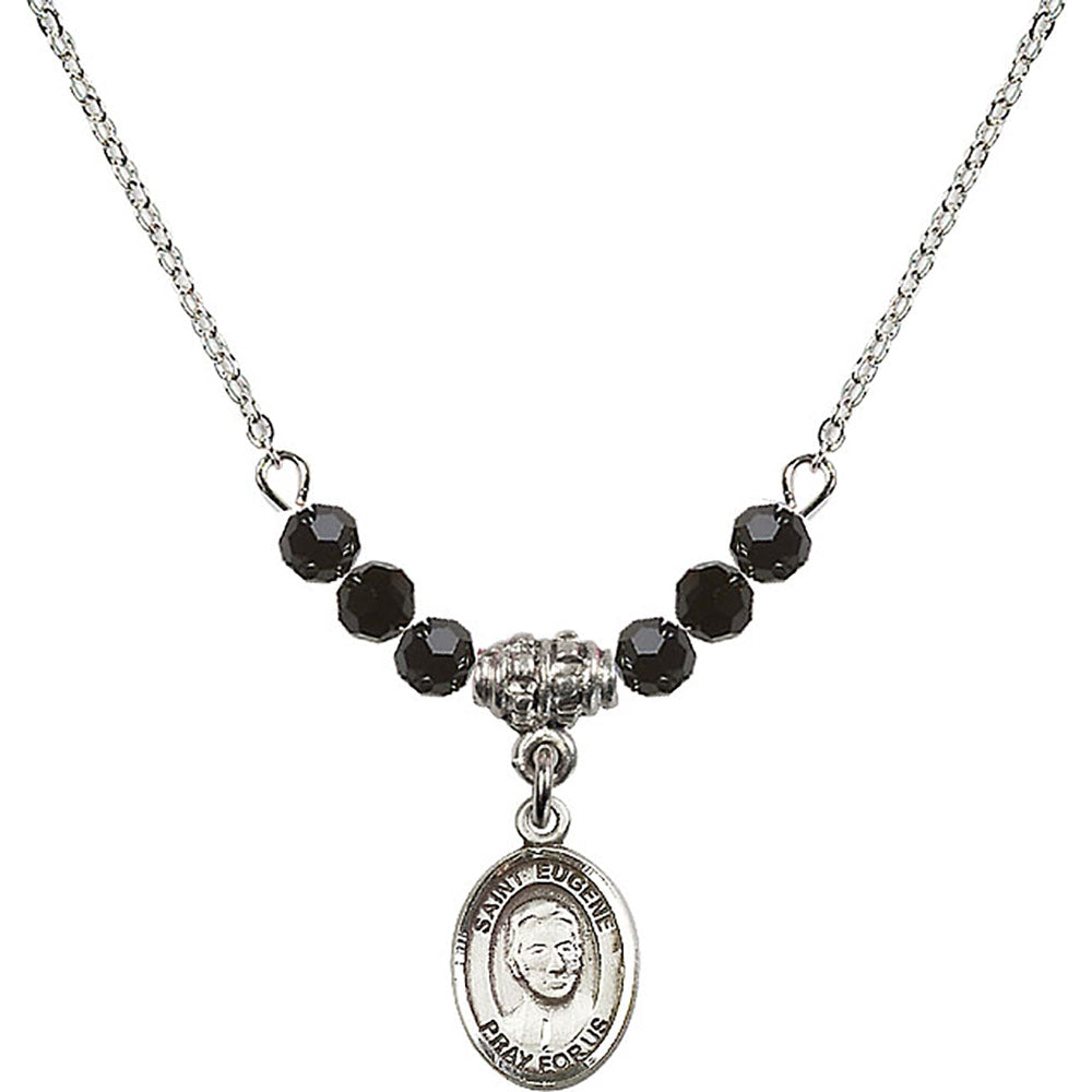Sterling Silver Saint Eugene de Mazenod Birthstone Necklace with Jet Beads - 9266